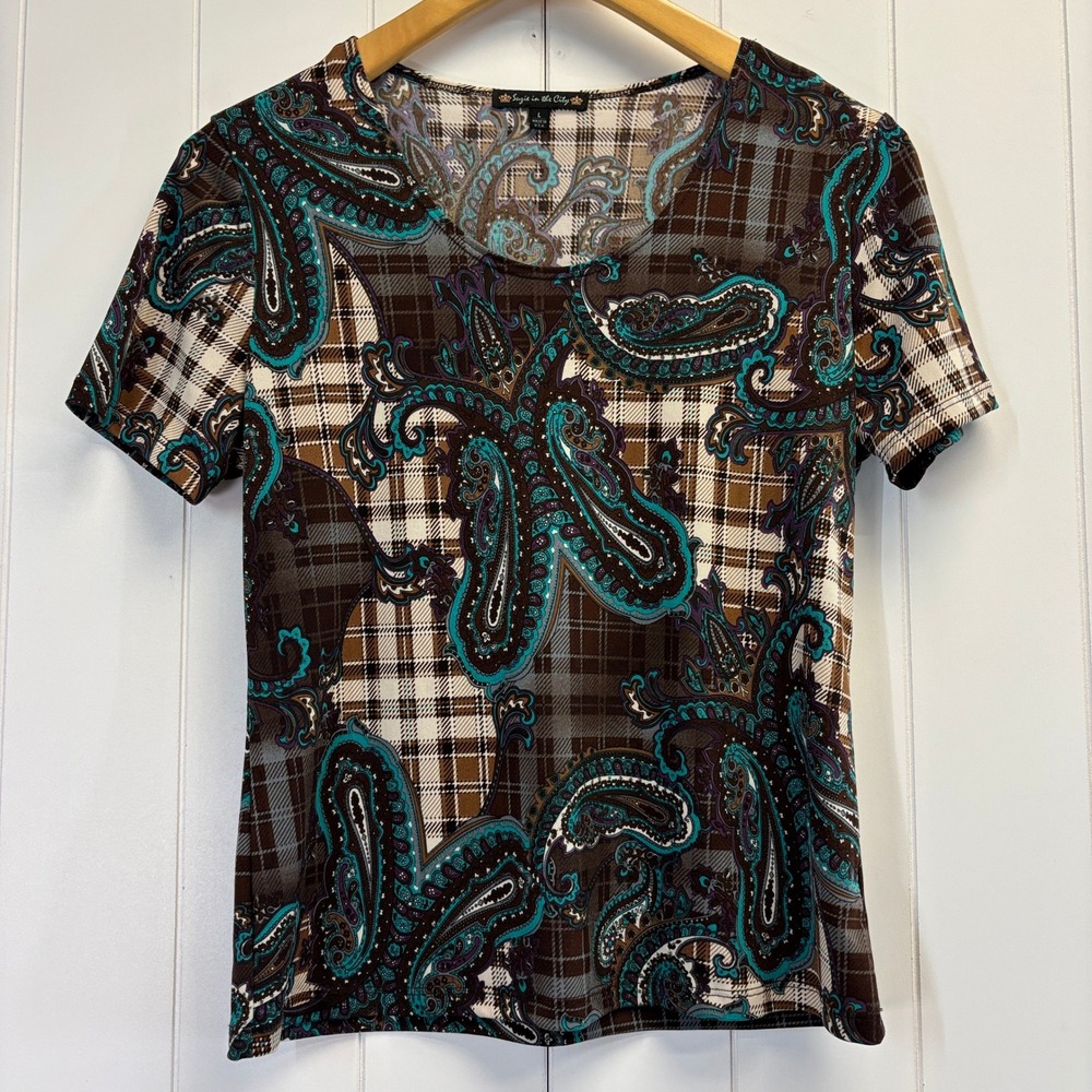 Suzie in the City Women Y2K Plaid Paisley Top Size L Dark Academia Eclectic Boho